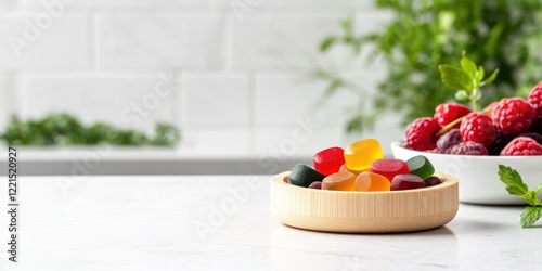 A small bamboo dish holds an assortment of colorful gummy vitamins placed on a light stone kitchen island. Fresh herbs and a bowl of berries create a vibrant setting with ample copy space photo