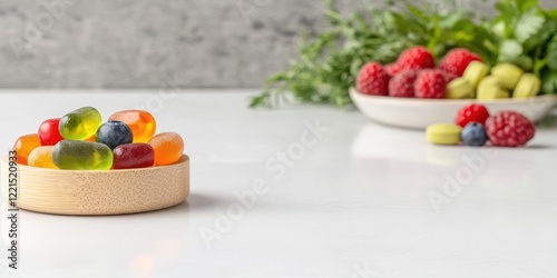 Brightly colored gummy vitamins are displayed in a small bamboo dish on a light stone kitchen island photo