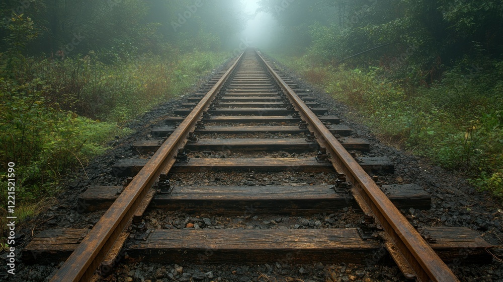 Fototapeta premium Misty Railroad Tracks Vanishing into the Foggy Forest