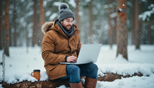 Young man enjoying remote work on snowy log in forest, winter serenity