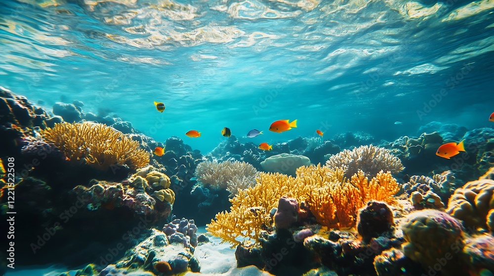 Fototapeta premium Coral reef painting colorful tropical underwater vibrant marine life sunlight beauty