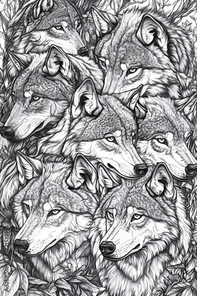 Fototapeta premium A detailed black and white drawing showcases a pack of wolves, each wolf's unique expression demonstrating deep emotion, unity, and strength against a leafy backdrop.