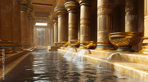 Gilded bowls, cascading water, elaborate columns, temple courtyard. Gilded Temple. Illustration