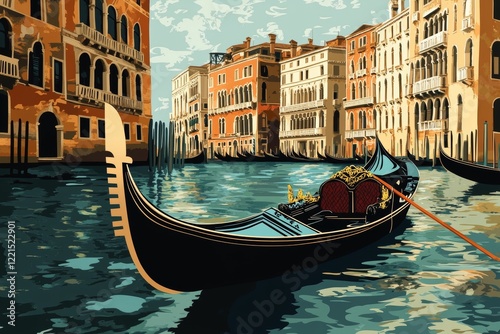 A serene gondola glides through a picturesque Venetian canal, flanked by historic architecture, evoking a sense of romance and tranquility in this elegant illustration.