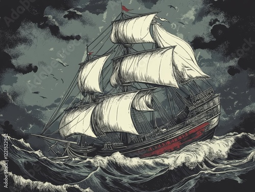 A vintage-styled illustration of a majestic ship bravely confronting tumultuous seas, evoking themes of adventure, courage, and perseverance amidst swirling dark clouds. photo