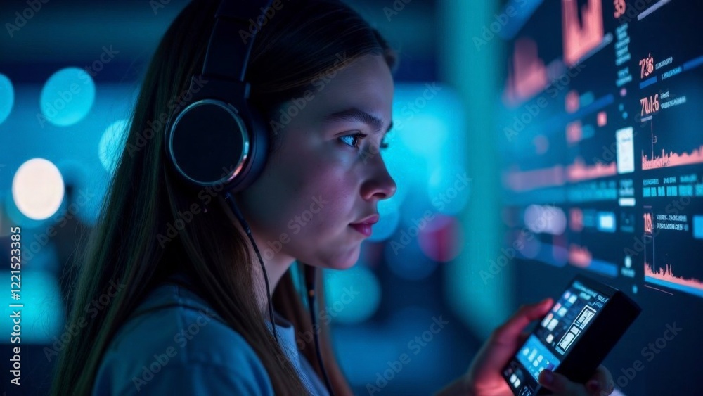 A woman wearing headphones is looking at a computer screen. She is holding a cell phone in her hand A woman wearing headphones is looking at a computer screen. She is holding a cell phone in her hand