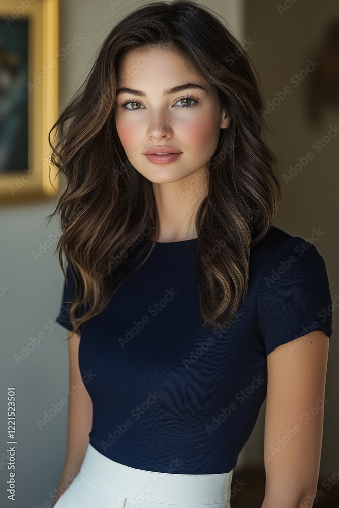 Fototapeta premium Professional female model in stylish navy top for fashion and design inspiration
