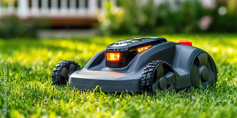 Modern robotic lawnmower on green grass, designed for efficient gardening in an outdoor setting. Generated with AI. Modern robotic lawnmower on green grass, designed for efficient gardening in an outdoor setting. Generated with AI.