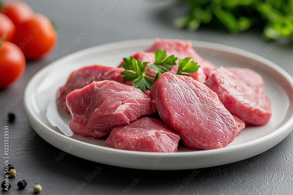 Fresh cuts of meat arranged on a white plate with tomatoes and herbs in an inviting kitchen setting Fresh cuts of meat arranged on a white plate with tomatoes and herbs in an inviting kitchen setting
