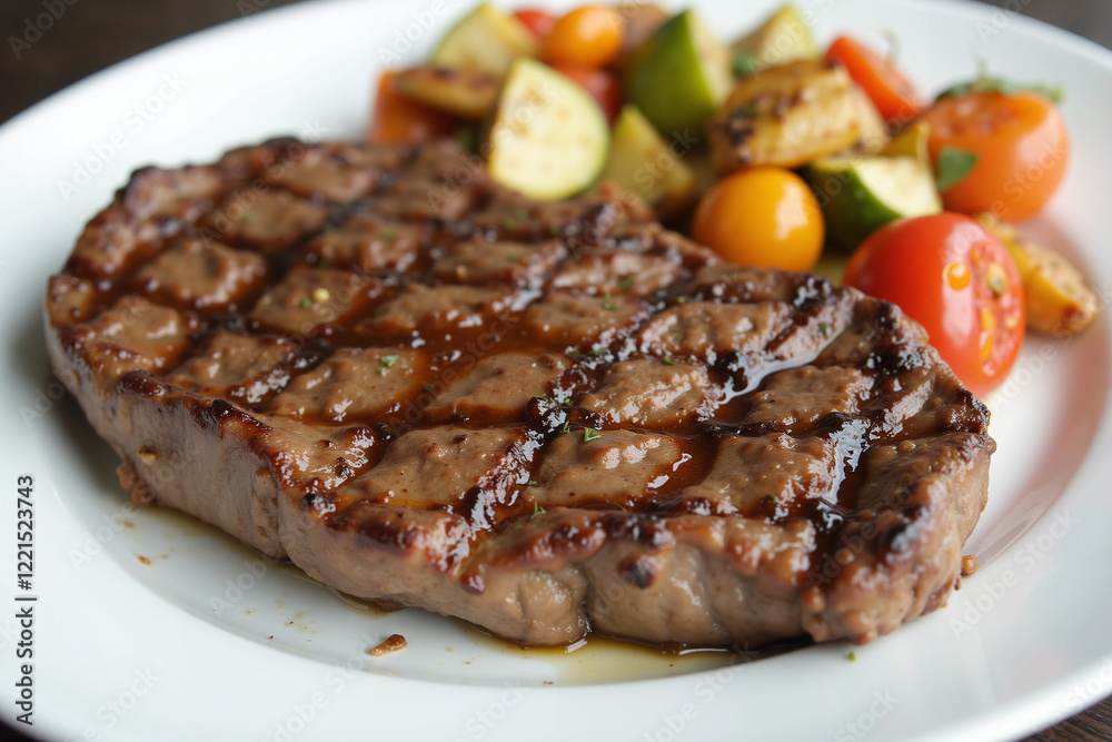 Grilled steak with roasted vegetables on white plate Grilled steak with roasted vegetables on white plate