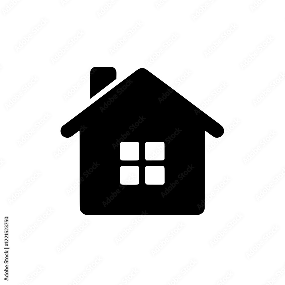Simple Home Icon: A minimalist black silhouette of a house icon, featuring a simple design with a chimney and a single window. Perfect for website design, app interfaces, and presentations. Simple Home Icon: A minimalist black silhouette of a house icon, featuring a simple design with a chimney and a single window. Perfect for website design, app interfaces, and presentations.
