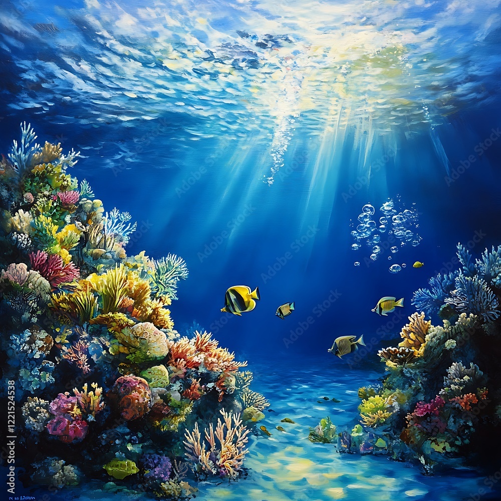 Naklejka premium Coral reef painting vibrant tropical marine life underwater colorful sunlight habitat