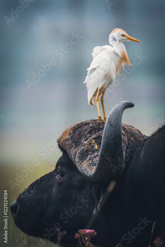 White oxpecker perched on the head of a Cape buffalo, showcasing the unique symbiotic relationship in the African wilderness. Taken during an African Safari Game Drive. photo