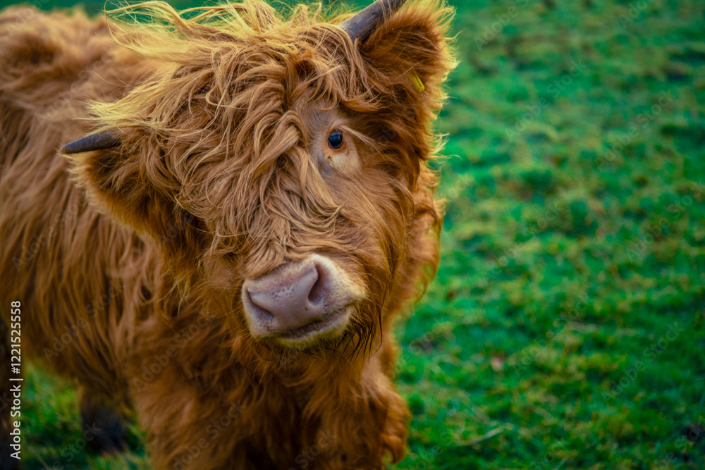 Fototapeta premium Close-up of a fluffy brown cow with long hair
