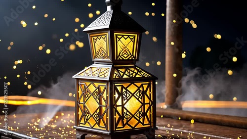 Close-Up of Intricate Lantern Glowing Warmly with Soft Bokeh Lights and Light Smoke in a Dark Environment

 photo