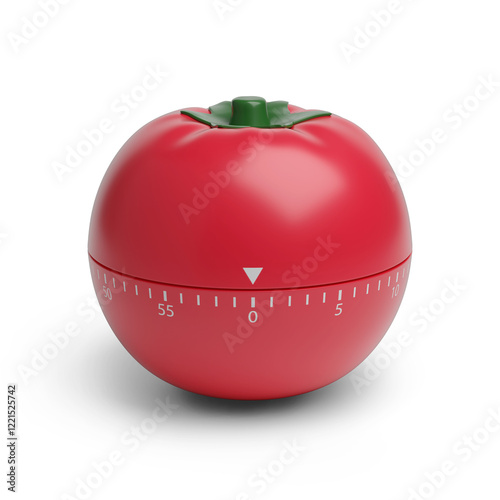 Tomato shaped kitchen timer isolated on white background. Pomodoro technique concept. 3d illustration.