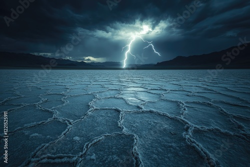 A powerful lightning strike illuminates a vast, cracked salt flat under a dramatic, stormy sky. photo