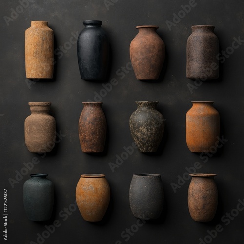 Rustic ceramic vase collection displayed against dark backdrop for home decor inspiration photo