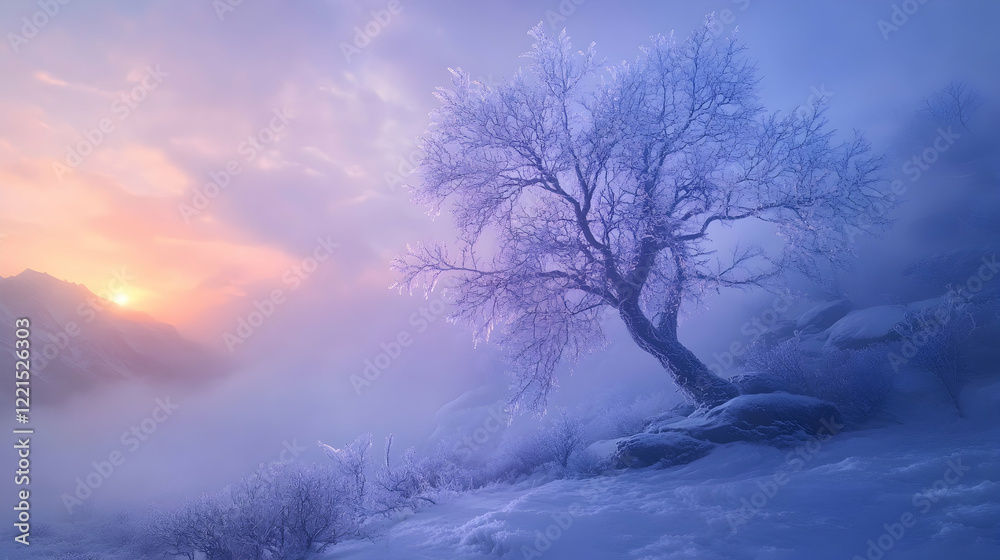 Tree in the cold with fog, ice, and snow at sunrise Tree in the cold with fog, ice, and snow at sunrise
