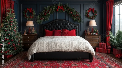 Cozy Christmas Bedroom Decor: Red and Green Festive Bedroom Interior