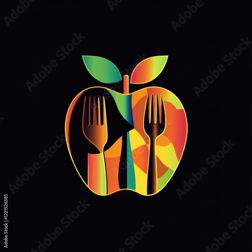 Colorful apple with forks, healthy eating logo design photo