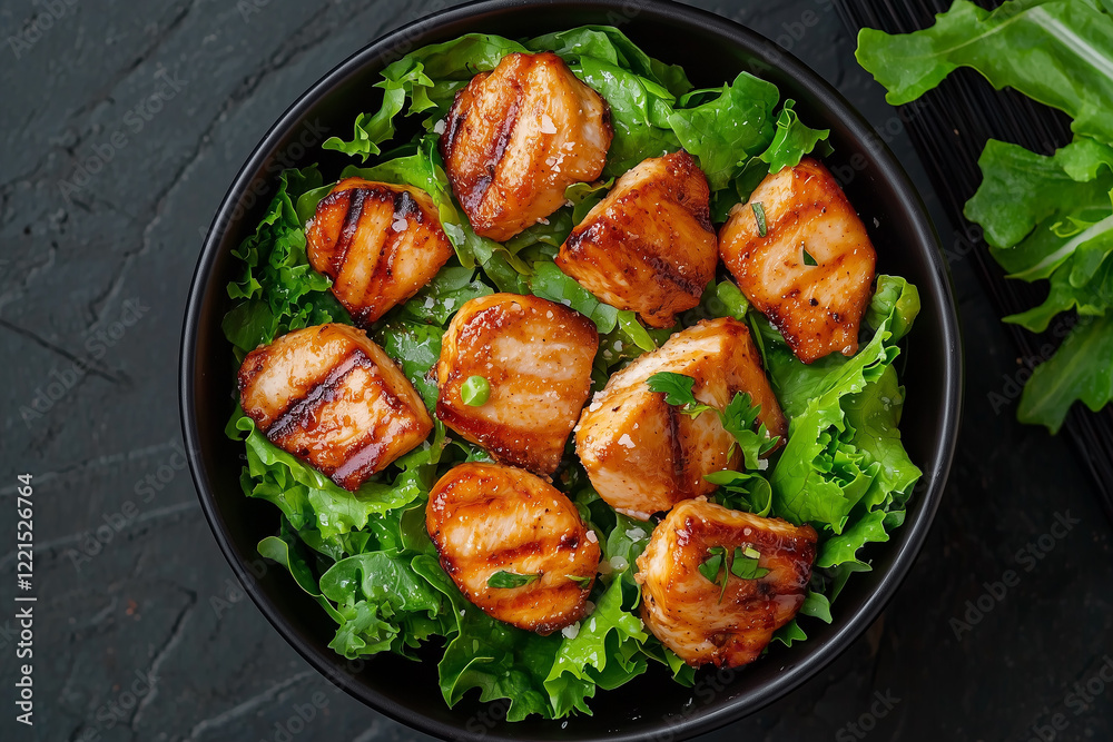 Grilled salmon pieces served on a bed of fresh greens in a stylish bowl during a sunny afternoon meal Grilled salmon pieces served on a bed of fresh greens in a stylish bowl during a sunny afternoon meal