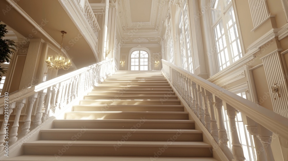 Sunlit Grand Staircase in Elegant Mansion Interior Sunlit Grand Staircase in Elegant Mansion Interior