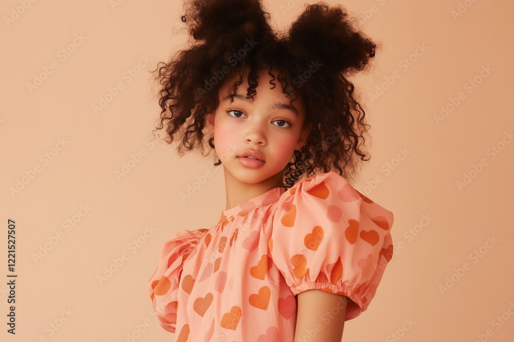 stylish portrait of a biracial girl with curly, dark brown hair She wears a peachy-pink tiered dress covered in bold, whimsical heart prints in shades of pink and orange stylish portrait of a biracial girl with curly, dark brown hair She wears a peachy-pink tiered dress covered in bold, whimsical heart prints in shades of pink and orange