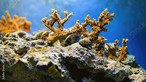 A close-up view of a vibrant coral reef covered in yellow algae, perfect for use in ocean-inspired designs or educational materials photo