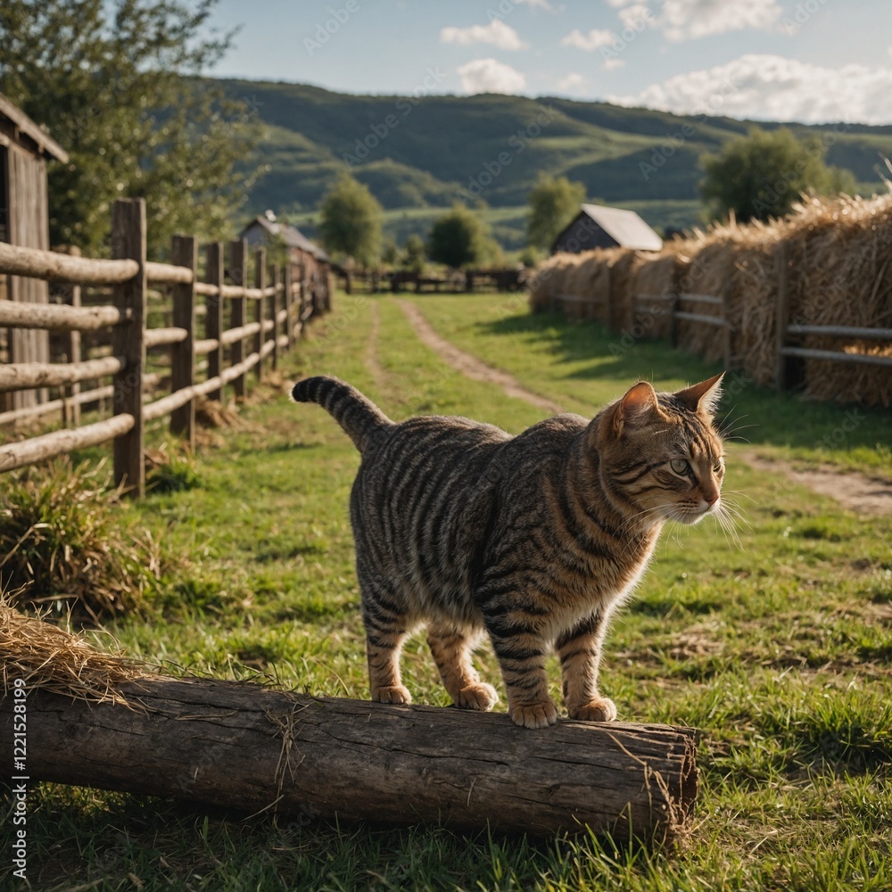 A grey striped cat walking on a fallen tree in a lush green forest cat stands on a wooden fence and yawns in autumn in the village A Bengal cat with striking spots walking through tall grass. A grey striped cat walking on a fallen tree in a lush green forest cat stands on a wooden fence and yawns in autumn in the village A Bengal cat with striking spots walking through tall grass.