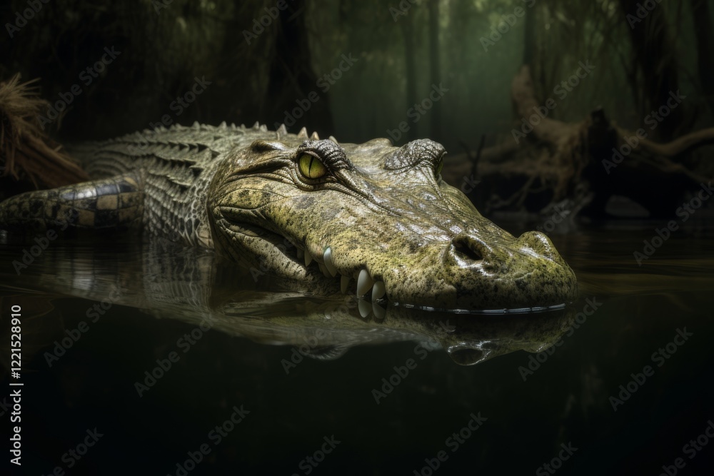 Fototapeta premium An alligator lies motionless in a dimly lit swamp, half submerged in the murky waters, showing its primordial strength and evoking a sense of tension and intrigue.
