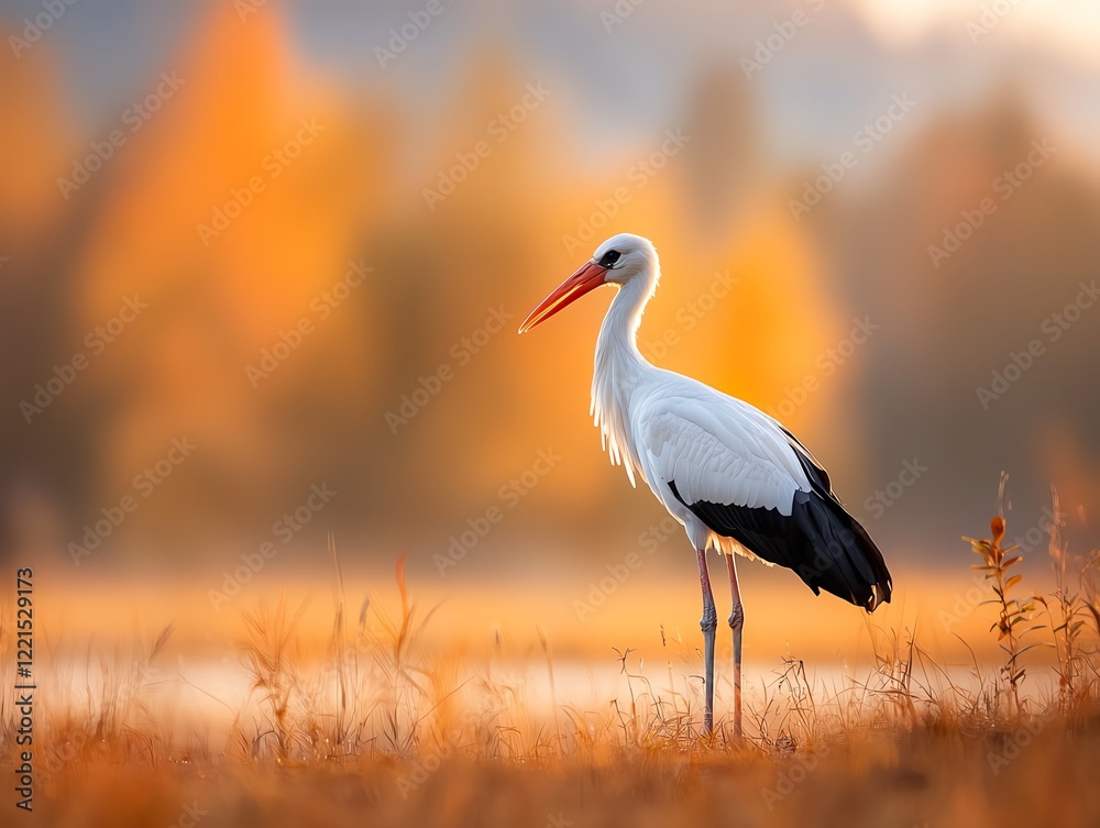 Obraz premium A graceful white stork stands elegantly in a serene landscape, surrounded by golden autumn foliage, capturing the beauty of nature in a tranquil moment.