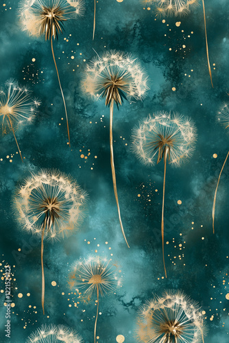 Elegant dandelion flowers on a teal watercolor background