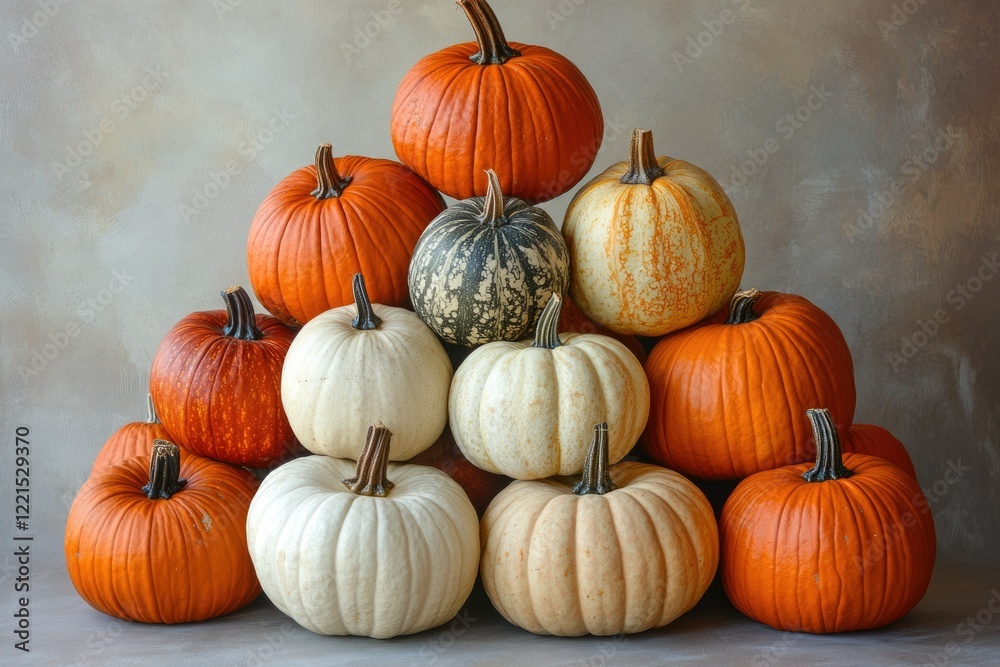 A pyramid of various pumpkins, showcasing a vibrant autumn harvest with different colors and sizes. A pyramid of various pumpkins, showcasing a vibrant autumn harvest with different colors and sizes.