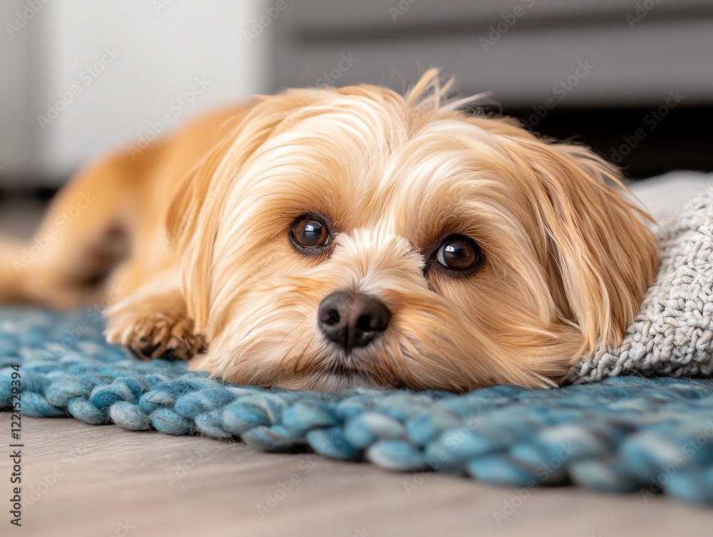 A cute dog relaxes on a cozy rug, showcasing its fluffy fur and expressive eyes A cute dog relaxes on a cozy rug, showcasing its fluffy fur and expressive eyes