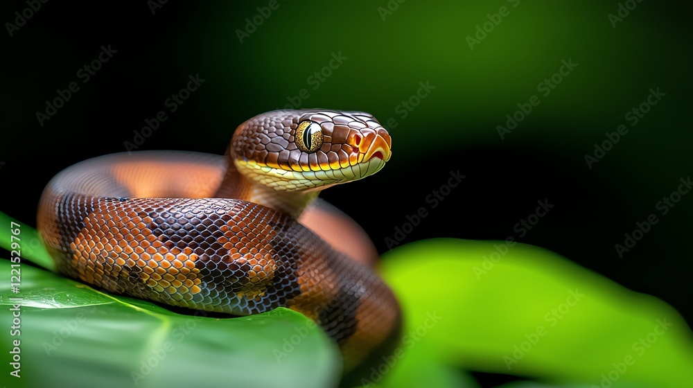 Fototapeta premium A close-up view of a vibrant, colorful snake resting on a lush green leaf. The intricate patterns on its scales illustrate the beauty of wildlife in a natural habitat.