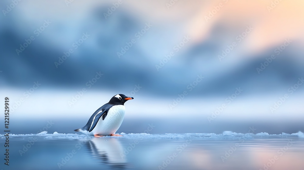 Obraz premium A solitary penguin stands on a frozen landscape, surrounded by a soft-focus background of icy blues and warm sunrise hues, capturing the essence of tranquility in nature's beauty.