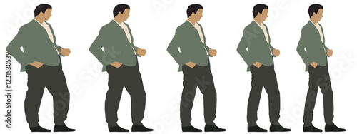 Conceptual fat overweight obese man vs slim fit healthy body after weight loss or diet, white background banner. A  fitness, nutrition or obesity, health care shape illustration vector as silhouettes