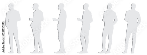Vector concept conceptual gray paper cut silhouette of a casually dressed men holding a cup in hand from different perspectives isolated on white. A metaphor for taking a break, rest and relaxation