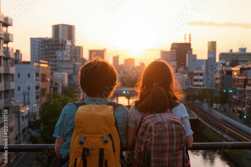 Wallpaper Mural Sunset Cityscape: A Couple's Serene Evening View, Embracing Urban Exploration and the Promise of Adventure Torontodigital.ca