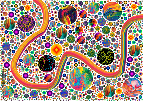 Colorful circles, colorful balls, and a digital snake in alternating yellow, orange, red, and green tones on a transparent background. PNG-file..