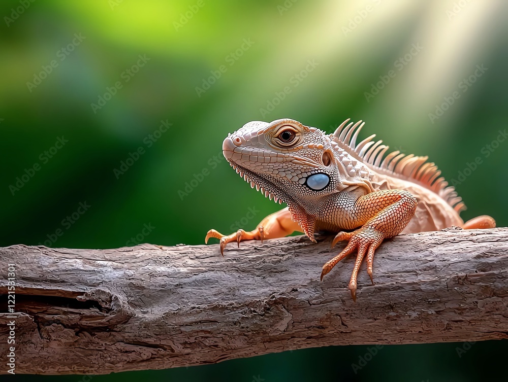A vibrant iguana perched on a branch, showcasing its colorful scales and sharp features amidst a soft, blurred green background, symbolizing nature's exotic beauty. A vibrant iguana perched on a branch, showcasing its colorful scales and sharp features amidst a soft, blurred green background, symbolizing nature's exotic beauty.