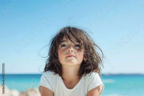 A little girl looks up at the sky, her face filled with wonder, on a bright summer day at the beach. A captivating portrait of childhood innocence and serenity.