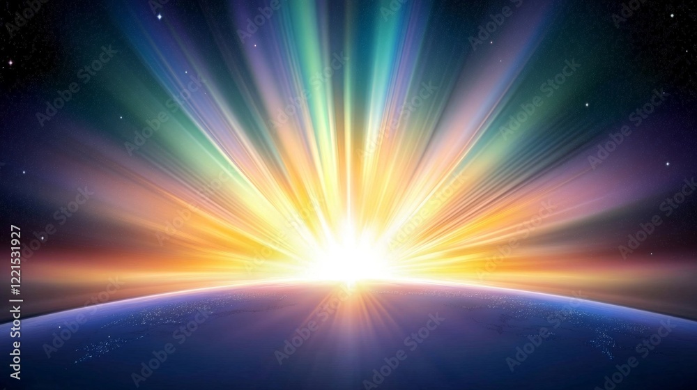 Obraz premium A bright, colorful sun rising over a blue planet. The sun is surrounded by a rainbow of colors, and the sky is filled with stars. Concept of wonder and awe at the beauty of the universe
