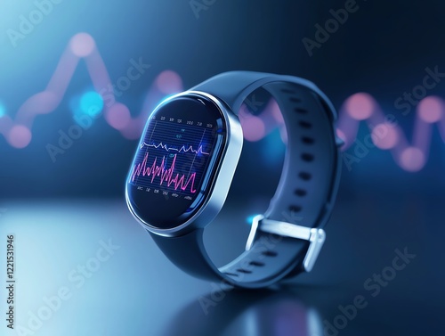 A modern smartwatch displaying vital health data and a colorful background representing data analytics. Ideal for tech enthusiasts and health monitoring concepts.