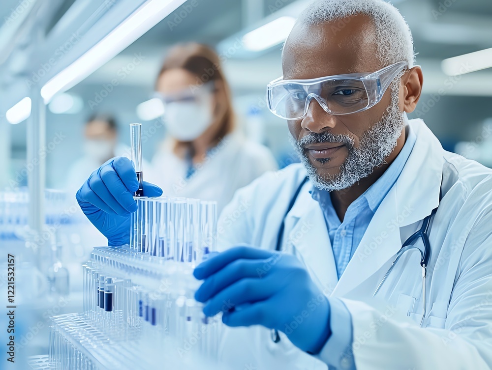 Fototapeta premium A focused scientist examines test tubes in a modern laboratory