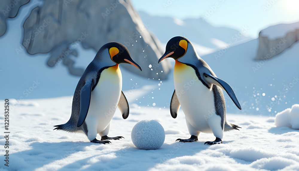 Fototapeta premium Playful King Penguins with Snowball in Antarctic Winter Landscape