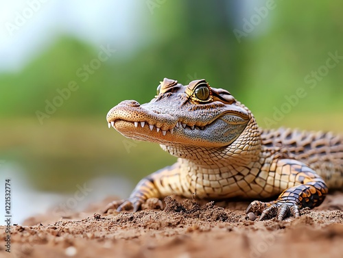 A close-up of a crocodile resting on the ground, showcasing its textured skin and vibrant eyes, reflecting the beauty of wildlife in a natural environment. photo