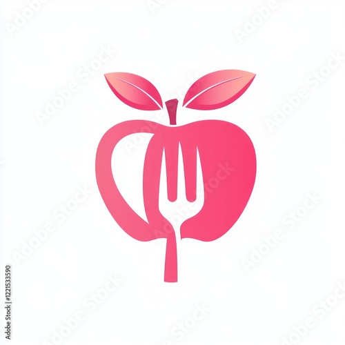 Pink apple logo with fork, healthy eating symbol photo