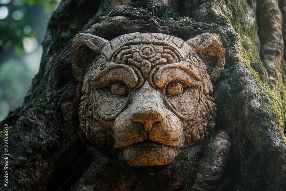 Stone tiger face carved into a moss-covered tree trunk, nature and art combined. Stone tiger face carved into a moss-covered tree trunk, nature and art combined.